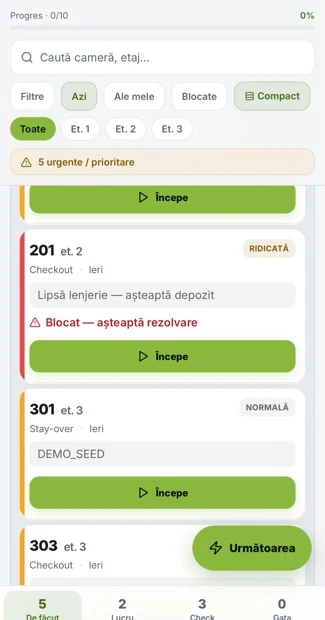 Lista de camere în aplicația de housekeeping