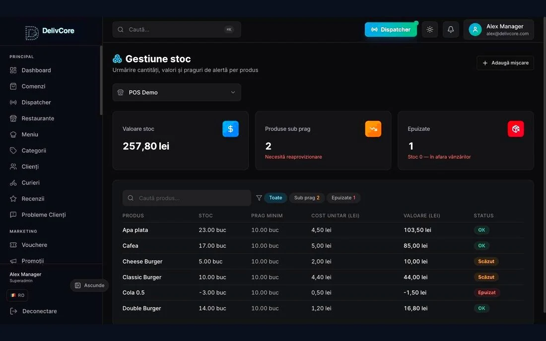 DelivCore POS running in a browser on a tablet