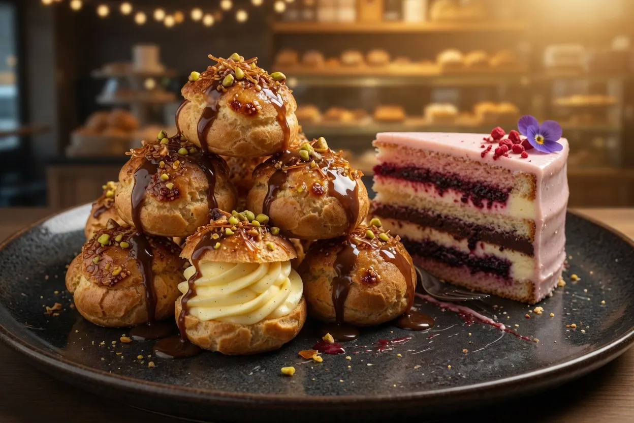 Cakes and profiteroles