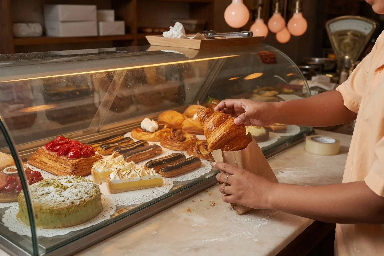 Packing a croissant at the pastry counter