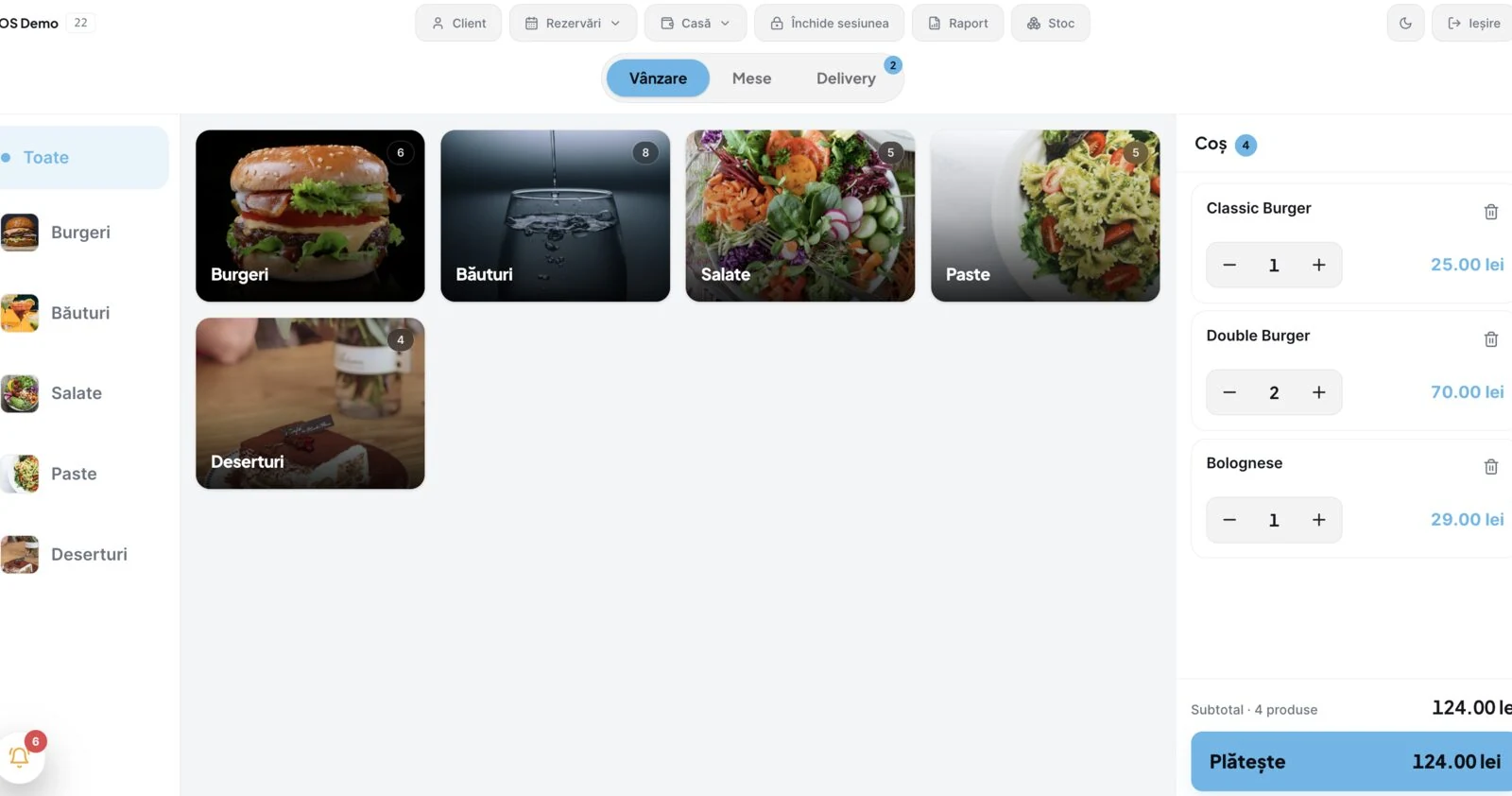 DelivCore counter POS on the light theme with photo categories and cart