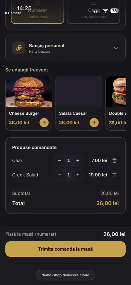 Checkout comandă la masă: bacșiș, total, trimite