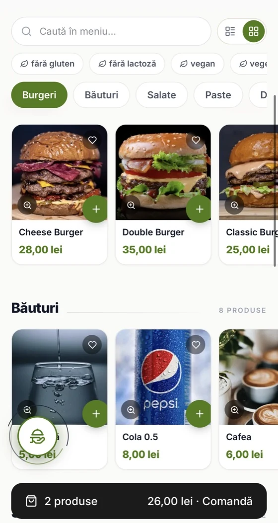 QR menu, light theme, grid view