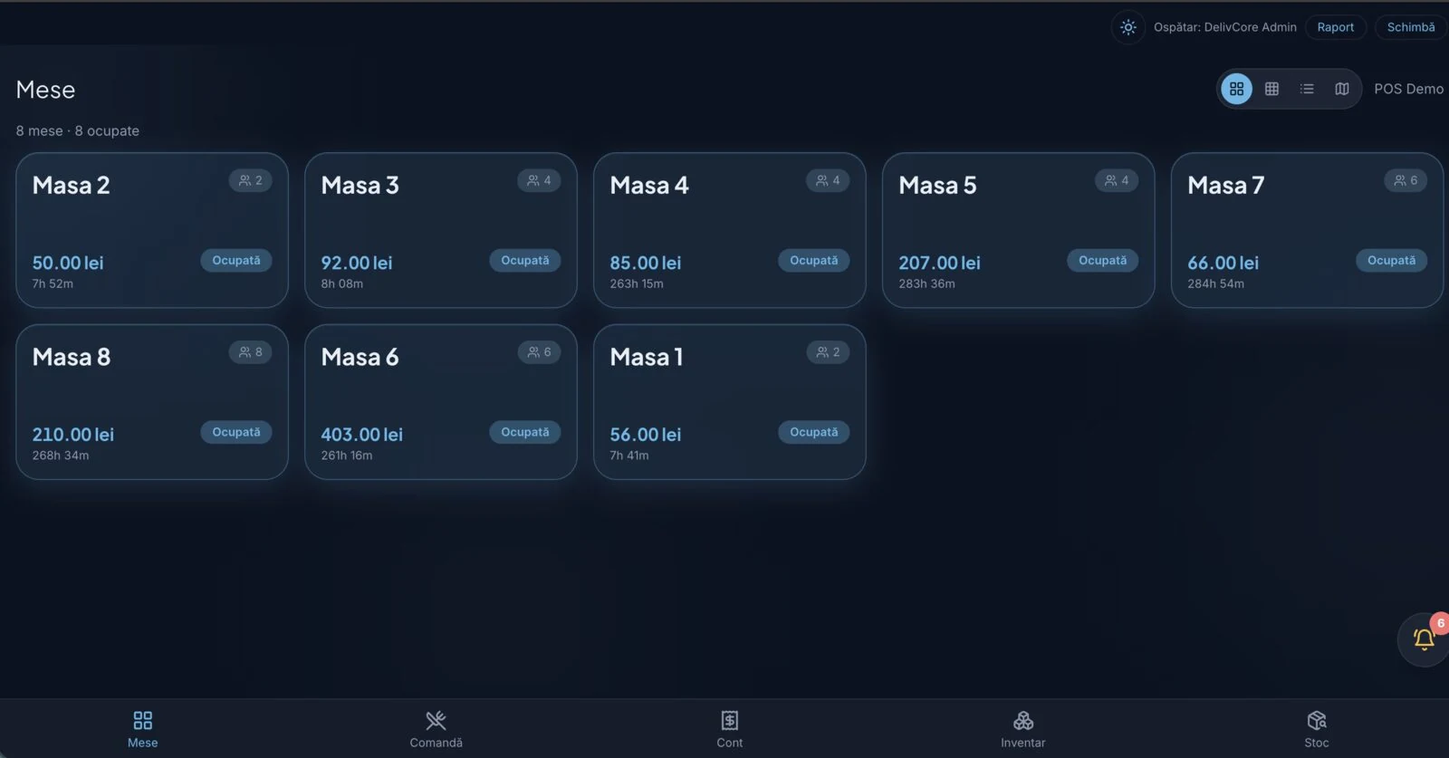 Waiter app tables overview with running totals per table